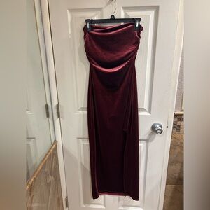 Strapless Velvet Slit-Leg Midi Dress